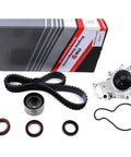 Timing Belt Water Pump Kit For Dodge Plymouth 2.0L SOHC 16V 1995 2005 122Ci Includes 112 Tooth Belt Tensioner Roller Cam And Crank Front Seals Hydraulic Tensioner System Only GMB Water Pump And Complete Seal Kit contents displayed