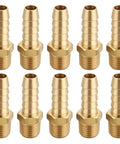 Ten-piece set of three eighths inch barb to one quarter inch NPT male brass fittings hose barb adapter for water gas oil fuel and air