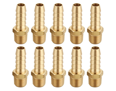 Ten-piece set of three eighths inch barb to one quarter inch NPT male brass fittings hose barb adapter for water gas oil fuel and air