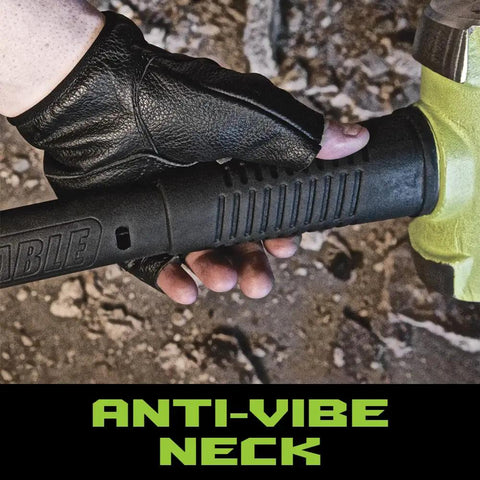 Heavy Duty Mechanics Hammer Kit With 4 Lb Sledge, anti-vibe neck handle, gloved hand holding hammer, close-up view