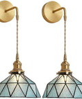 Battery Powered Wall Sconce Set Of 2 With Remote No Wiring Needed Wireless Indoor Lights Featuring Dope Blue Glass Shade Vintage Vibe Style Hanging Wall Lighting Fixture For Bedroom Living Room Bathroom Hallway And More Decor, showing two vintage-style sconces with blue glass shades and brass finish.