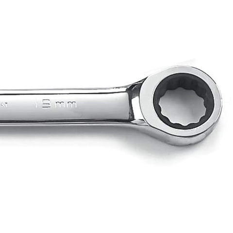 Close-up of a 15mm wrench from the 20 Piece Ratcheting Combination Wrench Set With SAE And Metric Sizes, 72 Tooth Ratchet.