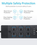 European Travel Plug Adapter Universal Power Strip With Six AC Outlets And Four USB Ports One USB C 110 to 240V 3000W