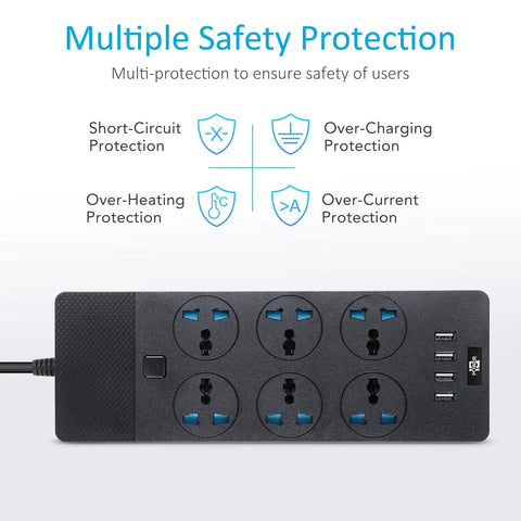 European Travel Plug Adapter Universal Power Strip With Six AC Outlets And Four USB Ports One USB C 110 to 240V 3000W