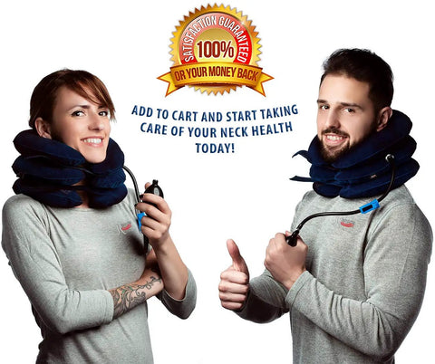 Two people wearing Neck Traction Device For Home Pain Relief With Inflatable Cervical Stretcher Collar, showing thumbs up