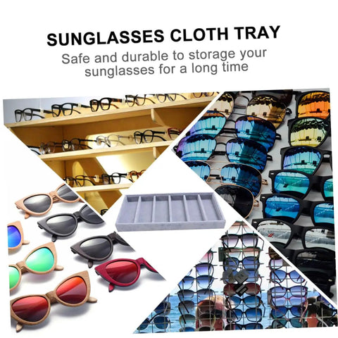 Straight Up Neat And Quick To Organize With This Six Grid Sunglasses Tray displaying various sunglasses and a grey fabric organizer.
