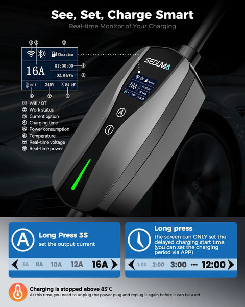 Dual Voltage EV Charger For Tesla With App, Level 1 And Level 2 Portable Charger displayed with settings screen