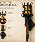 Medieval LED Torch Wall Sconce, Gothic Castle Flame-Effect Lamp with crowned cage and twisted shaft design.