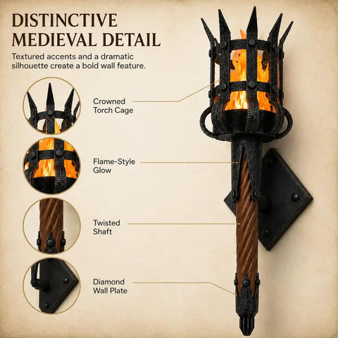 Medieval LED Torch Wall Sconce, Gothic Castle Flame-Effect Lamp with crowned cage and twisted shaft design.