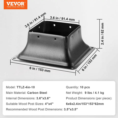 Heavy Duty 4x4 Post Base Brackets, 10 Pack, Powder Coated Steel Anchor For Standard Wood Posts, Inner 3.6 By 3.6 Inches, shown with dimensions marked.