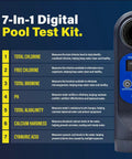 Digital Pool Test Kit showing 7 functions for testing swimming pool and spa water quality at home.