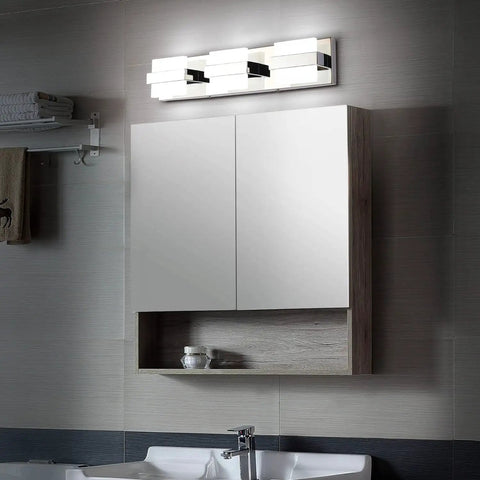 Modern Three Light Chrome Bathroom Vanity Light Over Mirror Super Easy Fifteen Minute Install Led Fixture Twenty Inch Size Bright White Light
