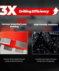 Diamond core drill bit ad banner; two panels show red laser-welded segment and high-density diamond imagery.