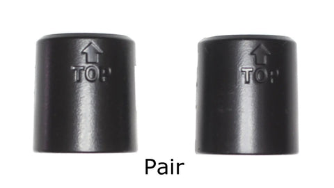 Close-up of two black plastic locking clips with arrows, part of 1 Inch Post Wire Shelf Clips Set For Metal Shelving Locks And Split Sleeves.
