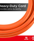 Heavy Duty 25 Ft Indoor Extension Cord With Three Outlets, Grounded 16 Gauge, 125V 13A 1625W, UL Listed, close-up of orange cord