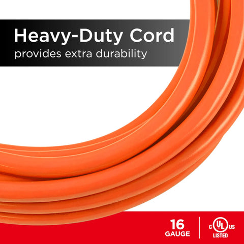 Heavy Duty 25 Ft Indoor Extension Cord With Three Outlets, Grounded 16 Gauge, 125V 13A 1625W, UL Listed, close-up of orange cord