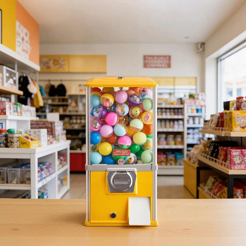 Candy Dispenser With 21 Inch Transparent Globe Holds 180 Balls, 25 Cent Coin Op For Malls And Parks on store counter