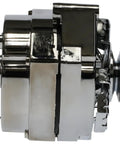 Side view of Beefy 100 Amp Chrome Alternator For GM Chevy 10Si 12V Self Exciting With 1 Or 3 Wire Delco Style Heavy Duty Replacement