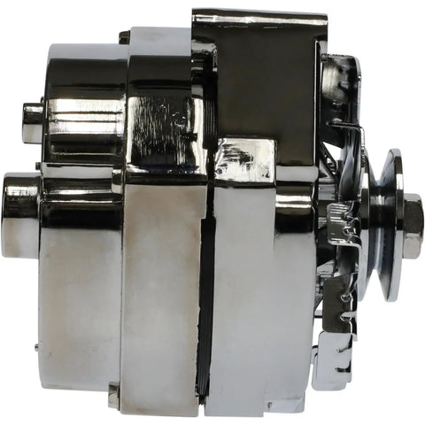 Side view of Beefy 100 Amp Chrome Alternator For GM Chevy 10Si 12V Self Exciting With 1 Or 3 Wire Delco Style Heavy Duty Replacement