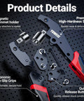DIY Friendly Grommet Kit With Case Pro Grade Hole Punch Set showing parts and features like non-slip grips and quick release button.
