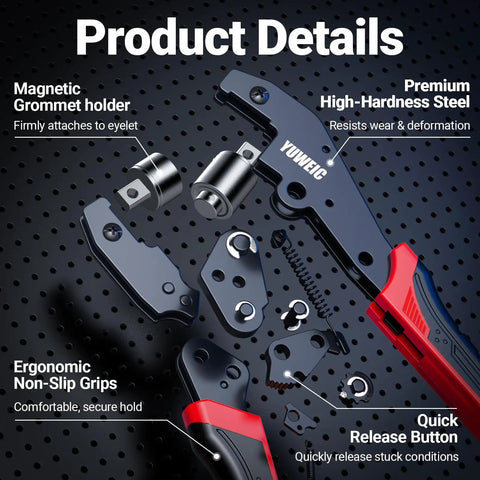DIY Friendly Grommet Kit With Case Pro Grade Hole Punch Set showing parts and features like non-slip grips and quick release button.