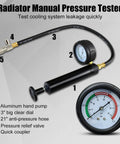 Radiator Manual Pressure Tester with aluminum hand pump, 3" dial, 21" hose, and pressure relief valve for cooling system checks. The Real Deal Wrench Ready 33 Piece Radiator Pressure Tester And Coolant Vacuum Refill Tool Kit For Universal Car Truck Cooling System Leak Detection And Manual Air Bleed Filling Set For Under The Hood Jobs.