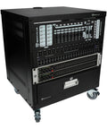 Hella Sturdy 10U Rolling Audio Rack Case For Live Sound And Recording Studio Gear With Smooth Casters, detailed front view showing multiple racks and cable ports.