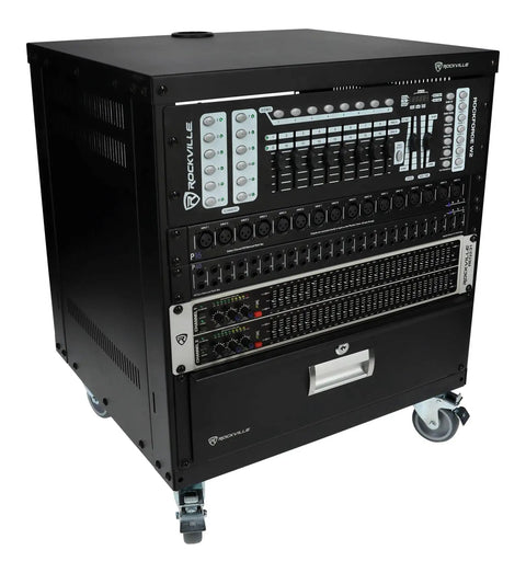 Hella Sturdy 10U Rolling Audio Rack Case For Live Sound And Recording Studio Gear With Smooth Casters, detailed front view showing multiple racks and cable ports.