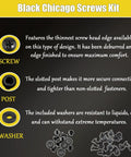 Black One Quarter Inch Chicago Screws Kit for DIY detailing screw, post, and washer features with images in diagram.