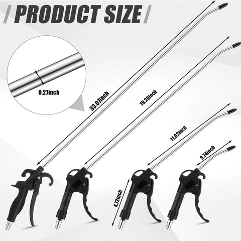 Heavy Duty 4 Piece Air Blow Gun Kit With Angled Aluminum Nozzles And Slick Pistol Grip To Blast Off Dust And Chips Fast For Auto Detailing Crew Or Local Shop, showing sizes and measurements of the nozzles.