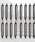 Rock Solid Black Iron Stair Spindles Featuring Tempered Glass Balusters Heavy Duty Staircase Railing Kit For Decks And Lofts profile view of 18 piece set