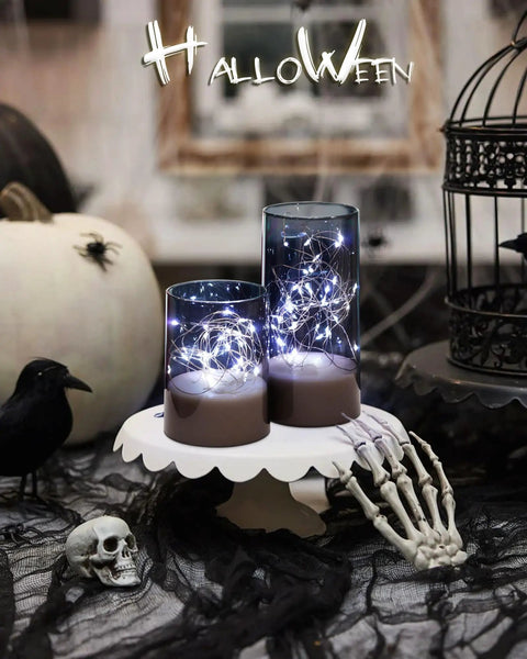 Set Of 3 Flameless Candles In Gray Glass Cylinders With Remote For A Cozy Vibe, Halloween decor with skeleton and pumpkins