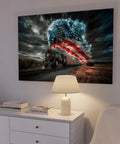 All American Vintage Train Canvas Print With American Flag Steam Locomotive, Framed Wall Art For Living Room, Retro Industrial Style