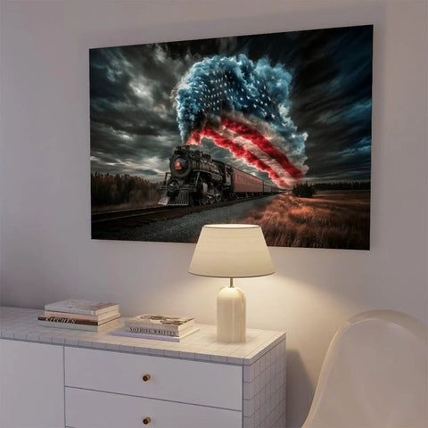 All American Vintage Train Canvas Print With American Flag Steam Locomotive, Framed Wall Art For Living Room, Retro Industrial Style