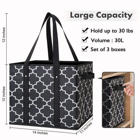 Reusable Grocery Bags 3 Pack Foldable Washable Large Storage Bins Basket Water Resistant Shopping Tote Bag Black, 12x14 inches