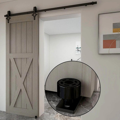 7 Ft Sliding Barn Door Hardware Kit With Floor Guide installed in home, heavy duty modern style, frosted black steel track, rug rails