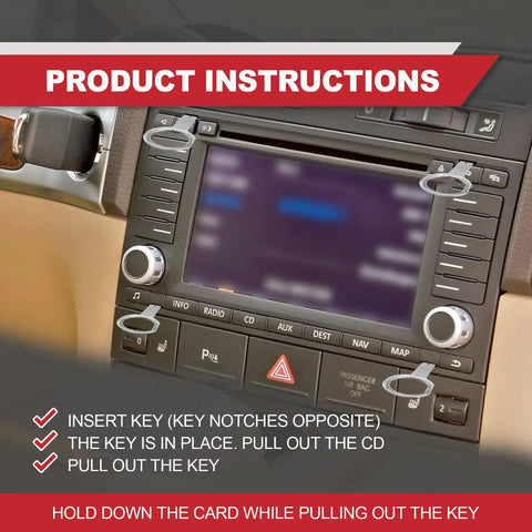 Pin Style Car Radio Removal Kit With DIN Release Keys 4 Pack shown in action on car stereo