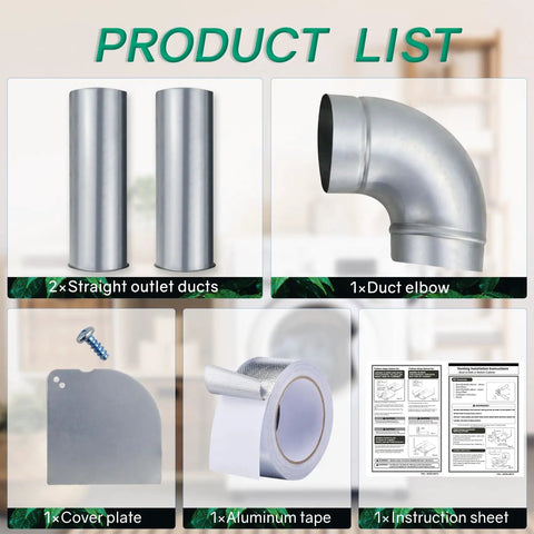 Contents of Upgraded Dryer Venting Kit With Side Or Bottom Venting, including ducts, elbow, cover plate, and tape.