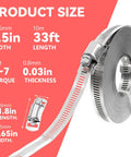 DIY Cut To Fit 304 Stainless Steel Worm Gear Hose Clamps Kit with dimensions and close-up of strap and fastener