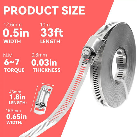 DIY Cut To Fit 304 Stainless Steel Worm Gear Hose Clamps Kit with dimensions and close-up of strap and fastener