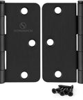 Top Shelf Matte Black Interior Door Hinges 3 1/2 Inch 1/4 Radius Flat Iron Hardware with screws for seamless installation.
