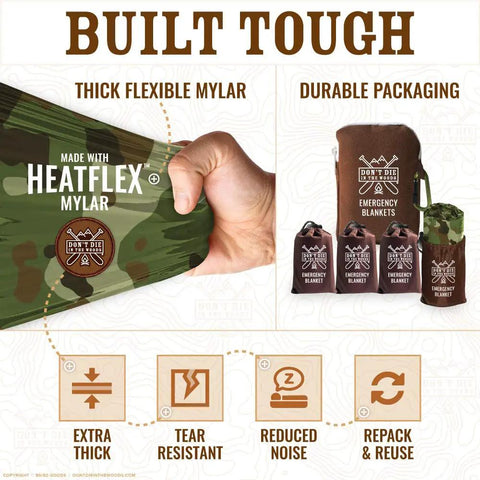 Worlds Toughest Emergency Blankets 4 Pack HeatFlex Extra Thick Thermal Mylar Space Blanket showing camo design and packaging.