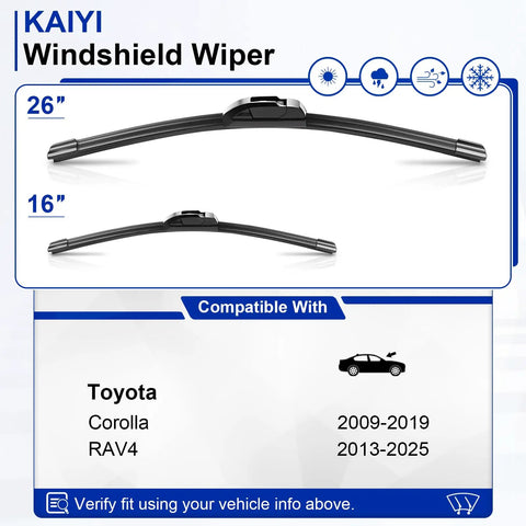 Premium 26 And 16 Inch Front Windshield Wiper Blades 2 Pack shown with compatibility details for Toyota Corolla and RAV4.