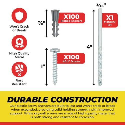 Drywall Anchors And Screws Kit With Drill Bit For Hanging Frames Shelves And Mirrors, 100 Anchors And 100 Screws, diagram view