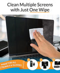 iCloth large screen cleaning wipes for electronics; lint-free, streak-free, fast-drying; hand wiping laptop screen (front view)