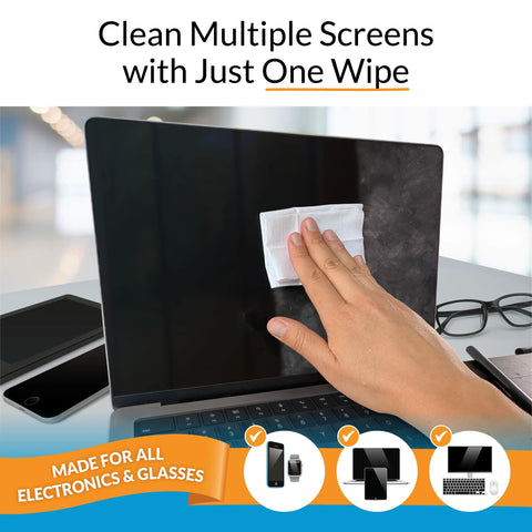 iCloth large screen cleaning wipes for electronics; lint-free, streak-free, fast-drying; hand wiping laptop screen (front view)
