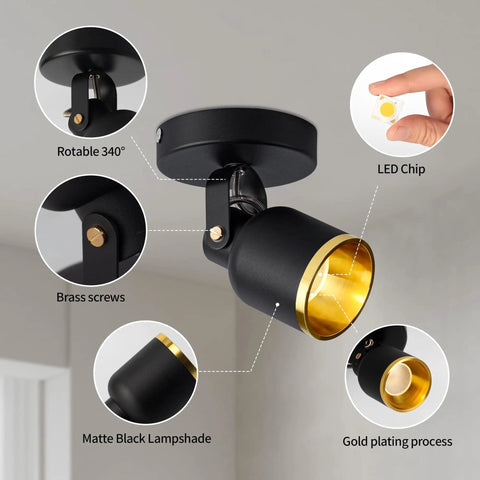 Black And Gold LED Dimmable Directional Ceiling Spotlight Indoor Adjustable 180 Degree Monopoint Spotlight With Triac Dimmer Lit Warm White 3000K 7W High CRI 97 For Foyer Hallway Cabinet Gallery