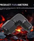 Aluminum 90-degree hose fitting, black, 6AN female to 3/8 barb swivel