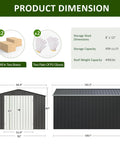 Heavy Duty Metal Garden Storage Shed 8.2x12 Ft Lockable Doors dimensions with packaging boxes and gloves shown.