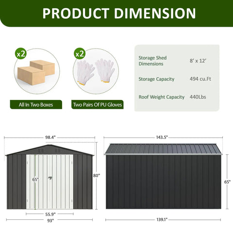 Heavy Duty Metal Garden Storage Shed 8.2x12 Ft Lockable Doors dimensions with packaging boxes and gloves shown.
